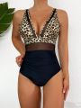 Leopard Print Mesh Splice One-Piece Swimsuit