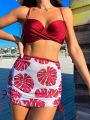 SHEIN Swim Vcay Ladies' Solid Color Bikini With Printed Beach Cover-Up And Skirt Set