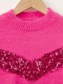 SHEIN Kids CHARMNG Young Girl Contrast Sequin Drop Shoulder Fuzzy Sweater