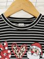 SHEIN Toddler Girls' Striped Christmas Pattern Patchwork Mesh Dress In Solid Color