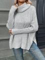 SHEIN LUNE Turtleneck Batwing Sleeve Split Hem Turtleneck Batwing Sleeve Sweater