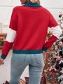 SHEIN Essnce Christmas Pattern Contrast Trim Drop Shoulder Polo Neck Sweater