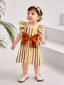 SHEIN Baby Girls' Casual Striped Pattern Dress With Bowknot & Ruffle Hem Design