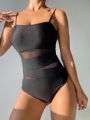 SHEIN Swim Classy Ladies' Sexy Mesh Splicing One-Piece Swimsuit With Thin Shoulder Straps, Mature Charm Style