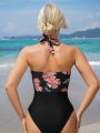 SHEIN Swim Vcay Women's Floral Printed Halter Neck One Piece Swimsuit