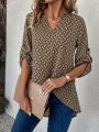 Printed Shirt With Notched Collar, Rolled Up Sleeves, High-Low Hem, And Cross Front Detail