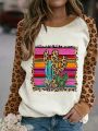 Leopard & Cactus Print Raglan Sleeve Sweatshirt