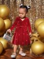 SHEIN Baby Girl 1pc Velvet Wrap Neckline Long Sleeve Belted Dress