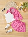 SHEIN Baby Girls' Casual Leopard Print Pink 3pcs/set Including Long Sleeve Shirt, Sleeveless Vest, Elastic Waist Shorts