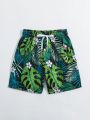 Boys' Swimwear With Plant Printed Pattern, Woven Fabric Beach Shorts