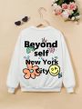 Tween Girl Slogan & Cartoon Graphic Pullover