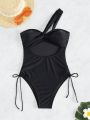 One Shoulder Hollow Out Drawstring Side Swimsuit