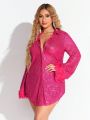 SHEIN SXY New Years Party Valentine'S Lovers Date Outfit Cuff Feathered Pink Shining Sequin Women'S Shirt