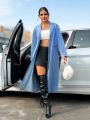 SHEIN SXY Solid Color Long Sleeve Long Denim Jacket