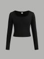 SHEIN 3pcs/Set Tween Girls' Casual Knitted Solid Color Square Neck Long Sleeve T-Shirt