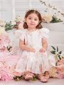 Baby Girls' Rose Printed Princess Dress With Ruffle Sleeve And Tulle Skirt