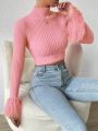 SHEIN Privé Mock Neck Fuzzy Cuff Crop Sweater