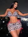 SHEIN Swim BAE 3pcs Leopard Print Halter Neck Bikini Set With Side Tie Triangle Top And Swim Shorts/skirt Bottom