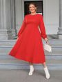 SHEIN Privé Plus Size Women's Elegant Red Round Neck Lantern Sleeve Dress