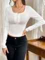 SHEIN Privé Women's Lace Trimmed Half Placket Round Neck Long Sleeve T-shirt