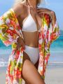 SHEIN Swim Vcay Full Print Flower Pattern Kimono Cardigan