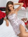 Heart Print Side Slit Lace Panel Cami Nightdress