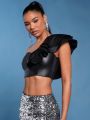 Luxe One Shoulder Ruffle Trim Crop PU Leather Top