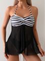 SHEIN Swim Classy Cross Detail Stripe Patterned Sleeveless Top With Slit Hem And Halter Triangle Bikini Swimsuit Set