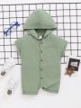 SHEIN Baby Boy Hooded Solid Color Short Sleeve Romper With Front Button Closure