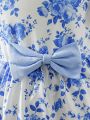 Blue Floral Patchwork Baby Dress With Ruffle Hem And Cute Bowknot