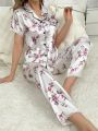 Imitation Silk Floral Print Pajama Set With Lace Trim