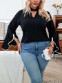SHEIN Unity Women's Plus Size Color Block Lace Trim Bell Sleeve Hollow Out Blouse