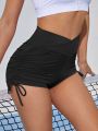 Yoga Basic Solid Drawstring Ruched Breathable Sports Shorts