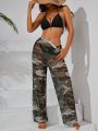 SHEIN Swim Y2GLAM Women'S Solid Color Bikini With Camouflage Print Cover Up Shirt And Pants Swimwear Set