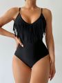 SHEIN Swim Chicsea Women's One-piece Fringe Trimmed Swimsuit With Spaghetti Straps