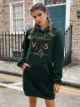 Letter Graphic Kangaroo Pocket Drop Shoulder Drawstring Hoodie Dress