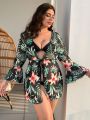 SHEIN Swim Vcay Plus Size Tropical Print Kimono Dress With Bell Sleeves And Drawstring Waist