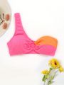 SHEIN Swim Vcay Women's One Shoulder Ring Decor Colorblock Bikini Top