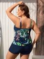 SHEIN Swim SPRTY Plus Size Tropical Print Vest Top And Shorts Tankini Swimsuit Set