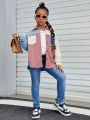 SHEIN Kids Cooltwn Tween Girl Color Block Patched Pocket Drop Shoulder Shirt