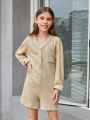 SHEIN Kids EVRYDAY Big Girls' Knitted Solid V-neck Half-buttoned Loose Jumpsuit