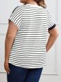 EMERY ROSE Plus Size Button Decor Striped T-shirt