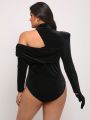 GAUTII Plus Asymmetrical Neck Velvet Bodysuit