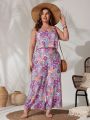 SHEIN VCAY Women's Plus Size Purple Printed Jumpsuit With Spaghetti Straps