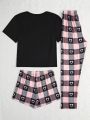 Heart & Slogan Printed Short Sleeve T-Shirt And Bowknot Decorated Shorts& Pants Pajama Set For Girls