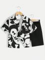 SHEIN Kids HYPEME Tween Boys' Casual Panda Printed Open Collar Short Sleeve Woven Shirt & Solid Knit Shorts Set