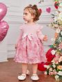 SHEIN Elegant Knit Patchwork 3d Flower Mesh Long Sleeve Belted Dress For Baby Girls