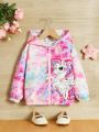 SHEIN Kids QTFun Toddler Girls' Multi-Color Tie-Dye Unicorn & Animal Print Hooded Jacket With Long Sleeves For Autumn And Winter