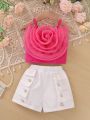 SHEIN Kids CHARMNG Young Girl'S Romantic Pink Floral Print Strap Top And White Shorts Set For Summer