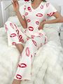 Lip Print V-Neck Pajama Set